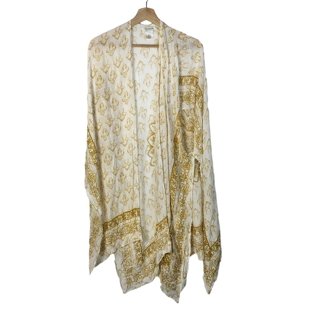 Francesca's White & Yellow Printed Short Sleeve Kimono OS